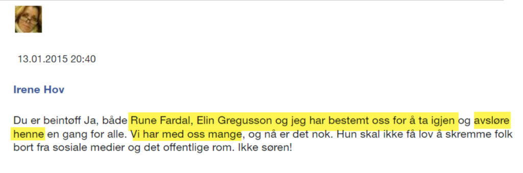 Irene Hov fortalte at hun samarbeidet med Rune Fardal og Elin Gregusson om å stoppe Kristin Bruun