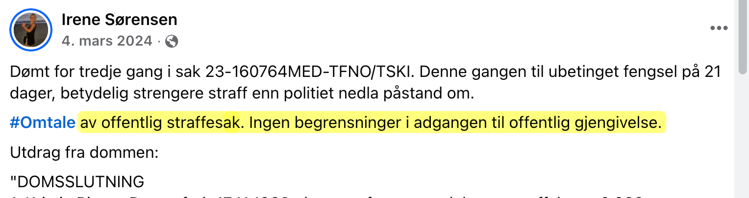 Irene Sørensen publiserer at Bruun er rettsstridig dømt for lovlige ytringer igjen